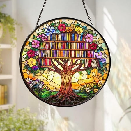 Book Flowers Tree Glass Suncatcher Bookworm Window Hanging Decor Book Lover Gifts Book Flower Suncatcher Book Club Ornament Librarian Gifts Suncatcher Window Hanging 6.3 in
