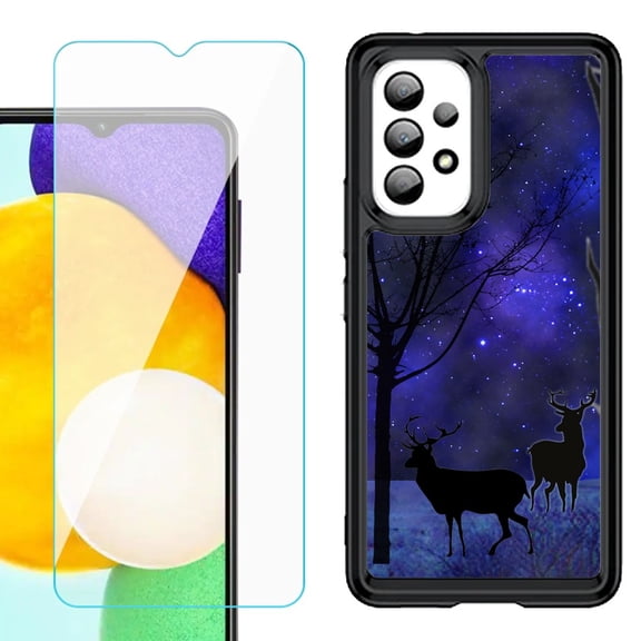 Shockproof Bumper (Black Frame) phone Case for Samsung Galaxy A23 5G, with Tempered Glass Screen Protector, by OneToughShield ® - Midnight Forest