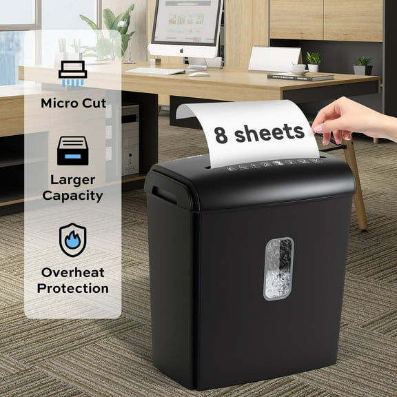 NOVODESK 8-Sheet Micro Cut Paper Shredder P-4 High Security for Home Office Use with Handle, Shreds Credit Card/Staple 4 Gallons(Black) Visual Window Wastebasket