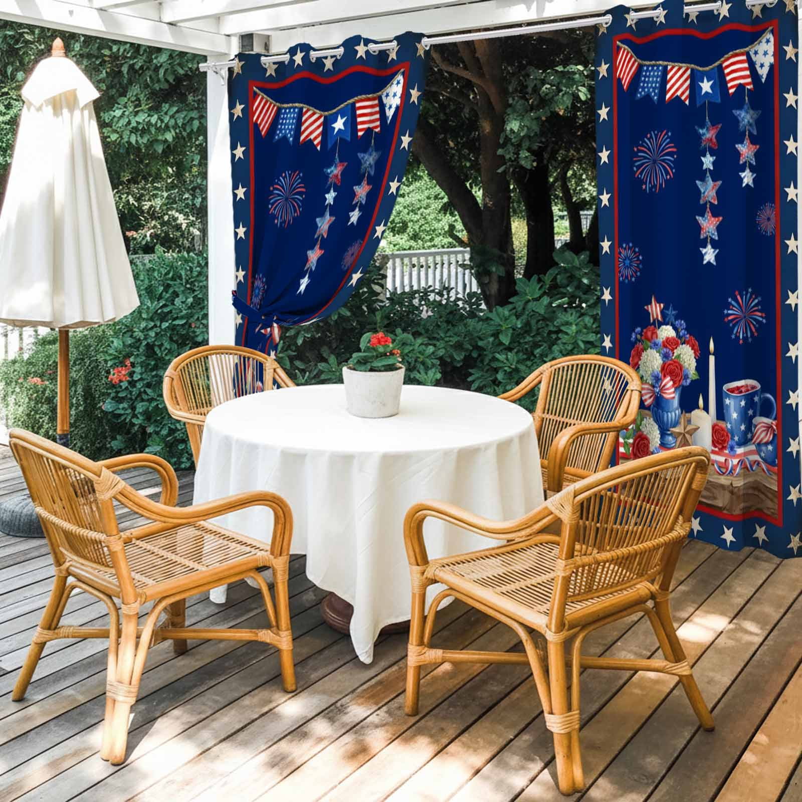 Independence Day Outdoor Curtains for Patio, Retro Red Blue USA Flag Floral Star Dark Blue Sunshade Privacy Drapes Grommet Waterproof Outside Curtains for Porch/Cabana/Balcony 54"x 108", 1 Panel