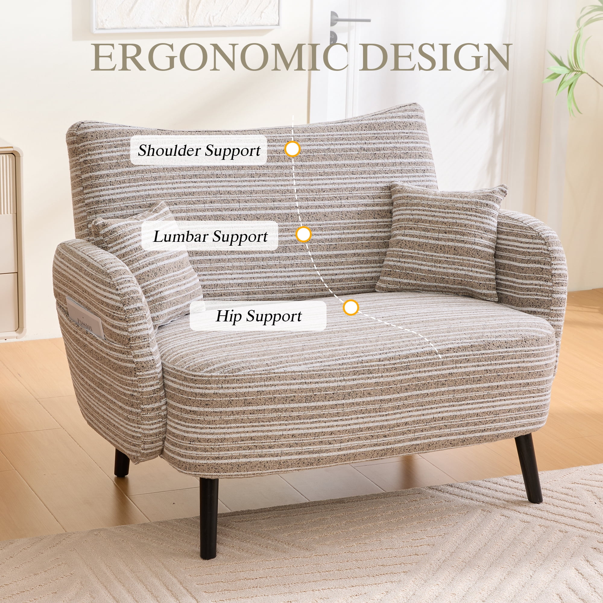 Jopath Modern Style Loveseat Sofa with Ultra-Comfortable Armrests, Armrest Pillows, and Storage Pockets, Deep-Seated Two-Seater Sofa for Bedroom, Small Spaces, Apartments Khaki