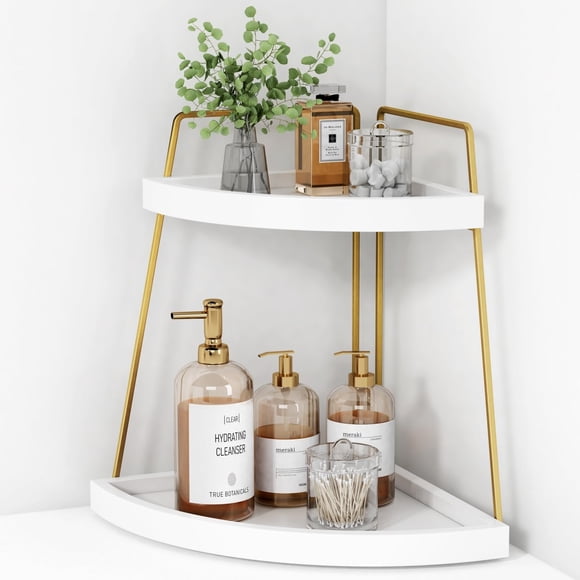 Organizador de esquina para cuarto de baño Forbena, color blanco/dorado, 2 niveles