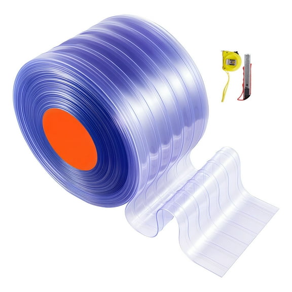 KFFKFF Clear PVC Strip Curtain, 150 ft Roll x 12 in Wide, Ribbed Plastic Strips for Walk-In Freezers, Coolers, and Doorways in Supermarkets, Garages, Warehouses, or Animal Shelters