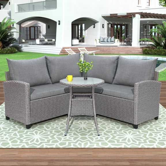 4-Piece Rattan Patio Furniture Sets, Wicker Bistro Patio Set with Glass Coffee Table, Outdoor Cushioned PE Rattan Wicker Sectional Sofa Set, Dining Table Sets for Backyard Poolside, Q13155