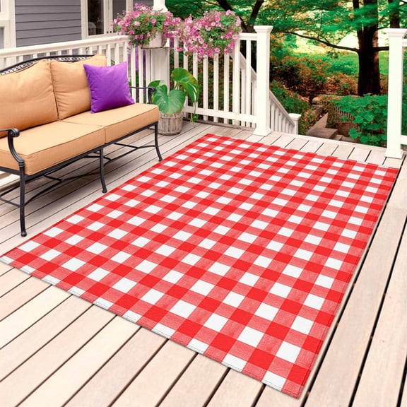 Red Outdoor Rug for Patio/Deck/Porch, Non-Slip Large Area Rug 4 x 6 Ft, Country French Rustic Buffalo Plaid Modern Art Indoor Outdoor Rugs Washable Area Rugs, Reversible Camping Rug Carpet Runner
