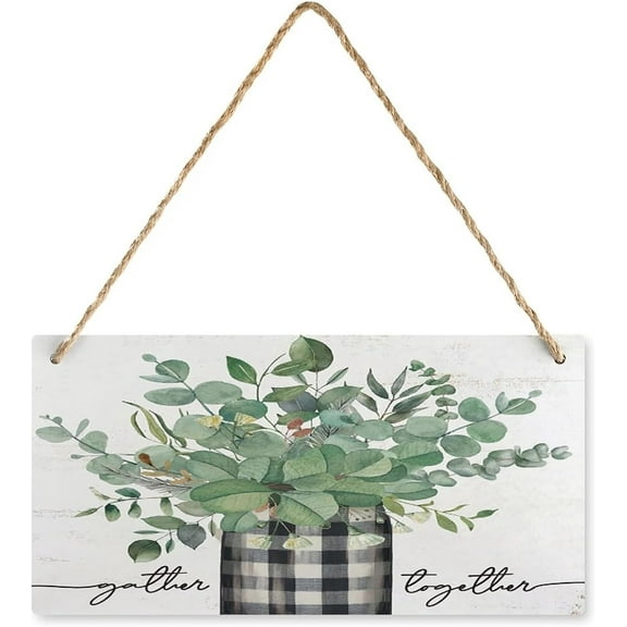 12x6 Inch Spring Eucalyptus Leaves Wooden Decor,Gather Together Sign,Spring Botanical Wooden Hanging Printed Wall Plaque Sign Decoration For Farmhouse Decor