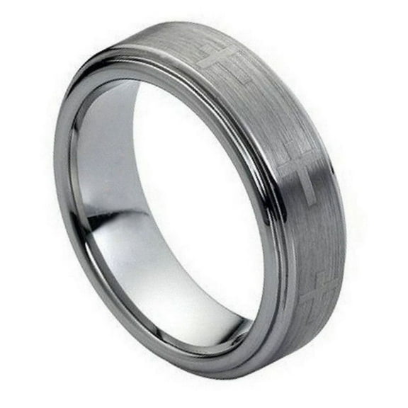 Tungsten Flat Brushed 7MM Engraved Crosses Stepped Edge Ring Size 11