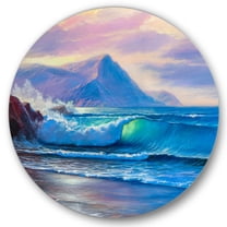 Designart 'Blue Waves Breaking At The Beach Landscape I' Nautical & Coastal Circle Metal Wall Art 36x36 - Disc of 36