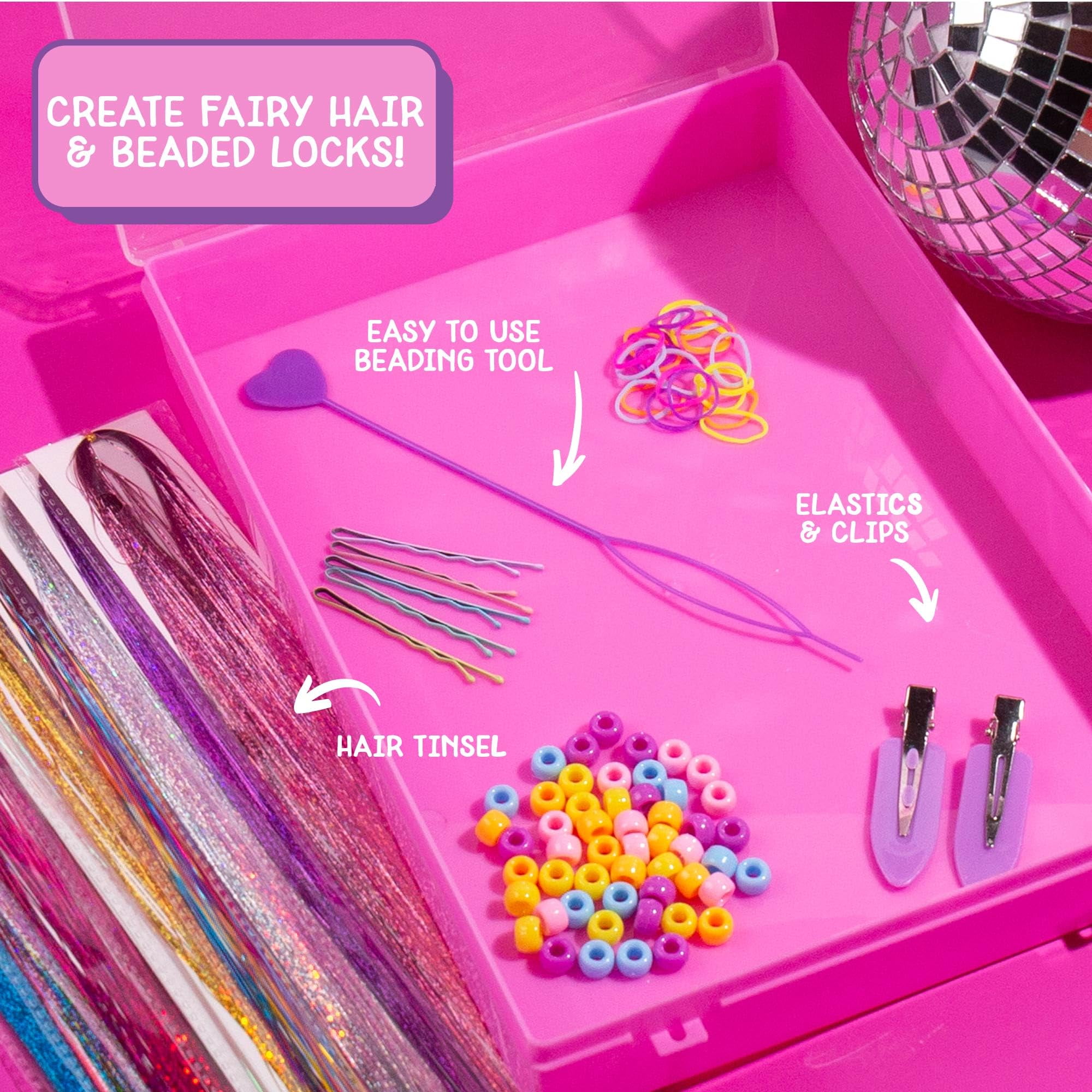 Just My Style Tinsel Hair Stylist Studio, Fairy Hair Tinsel Kit, 9 Colorful Tinsel Strands & Hair Beading Tool, Hair Extensions for Kids, Fun Hair Accessories for Teens, Great Gifts for Preteens