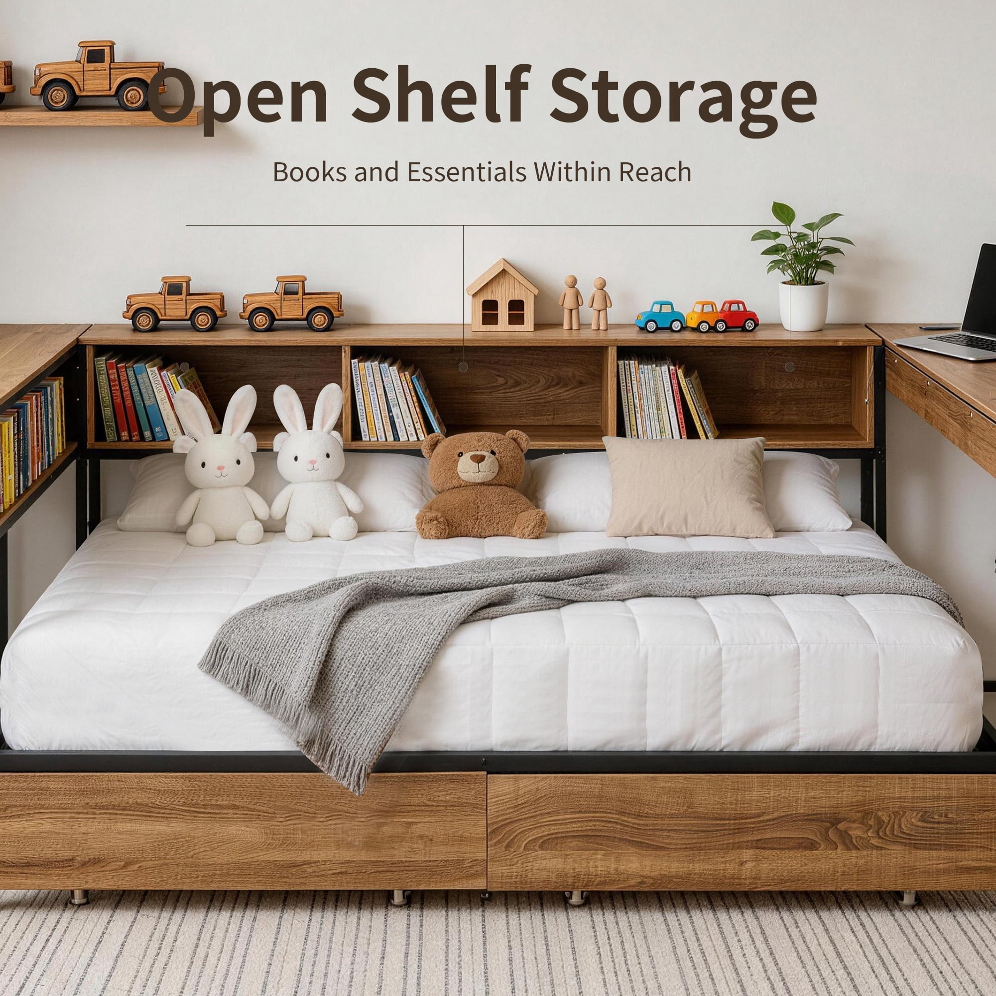 Miniyam Twin Corner Bed Frame with Desk and Storage, Bookcase Headboard, 2 Drawers, LED Lights, Charging Station, Rustic Brown