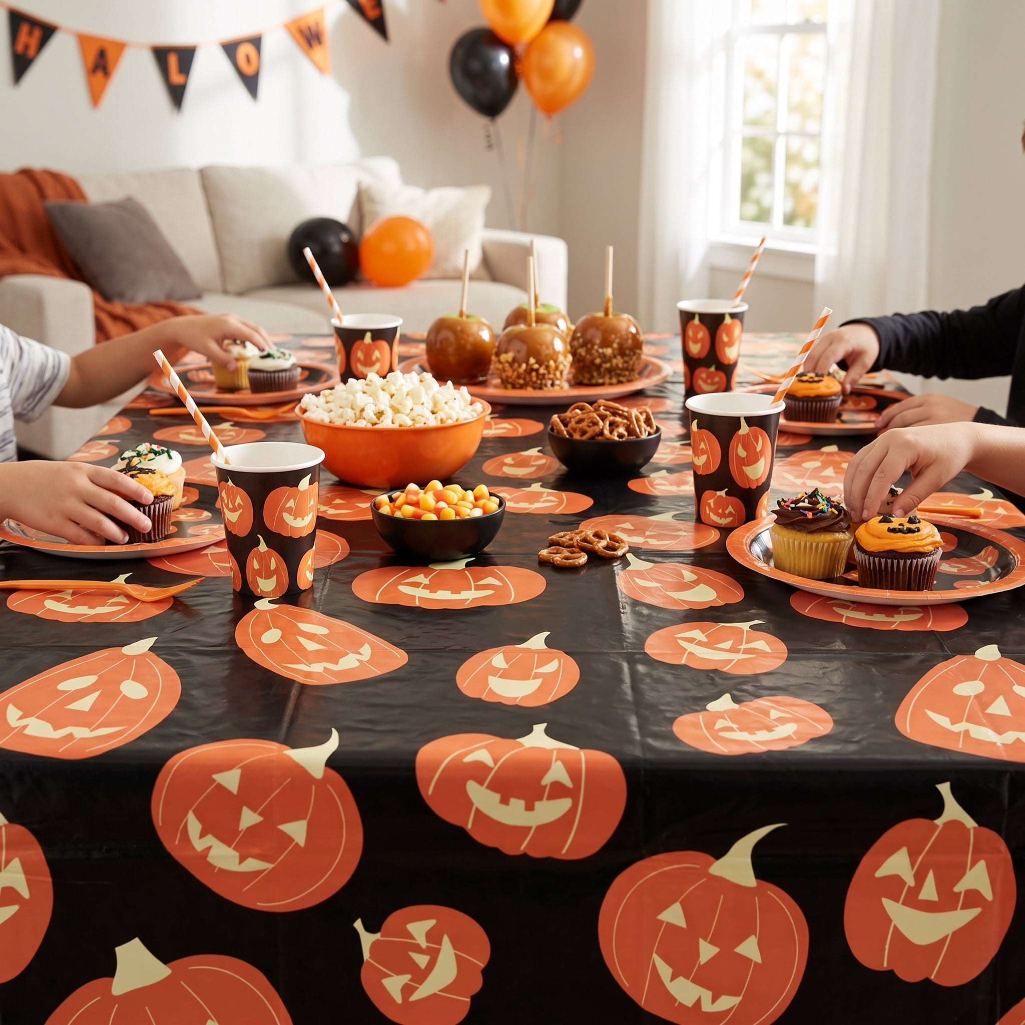 Jack-o'-Lantern Tablecloth, Black and Orange, 54" x 84", Halloween by Way To Celebrate