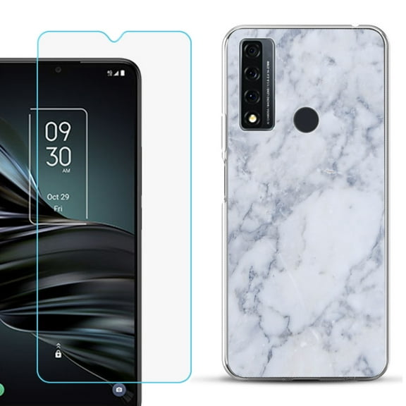 Slim-Fit Fashion Phone Case for TCL 20 XE, with Tempered Glass Screen Protector, by OneToughShield ® - Marble / Clouds