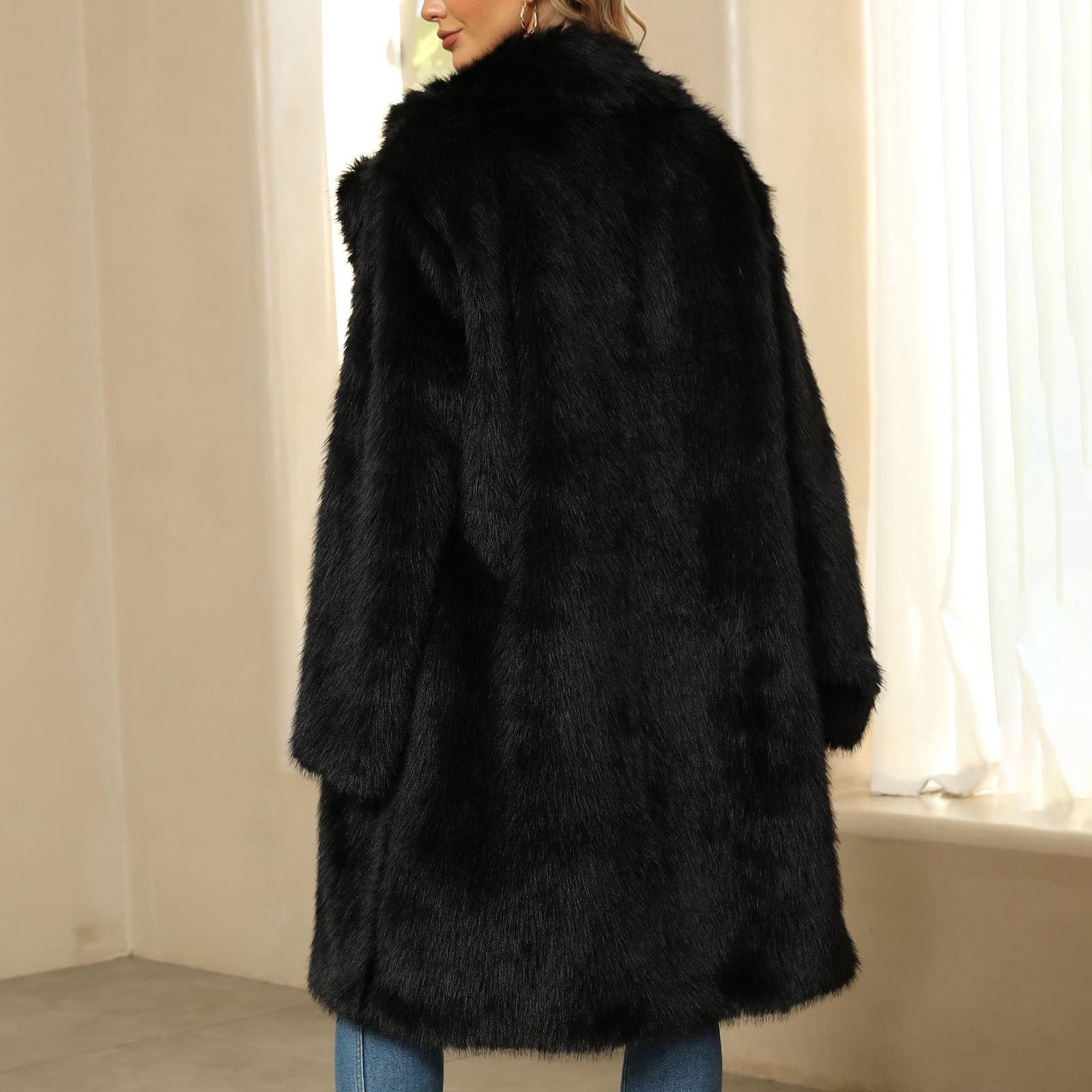 Kukoosong Women's Faux Fur Coats, Winter Warm Lapel Furry Mid-Length Jackets, Open Front Thick Outerwear Coats for Women