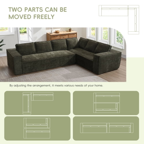 EPOWP Modular Sectional Sofa, 129.5" 6-Seat L-Shaped Cloud Couch Set with Chaise, Wrinkle-Resistant Chenille Boneless Sofa, 2-Piece Free Combination for Living Room, No Assembly Required,Green