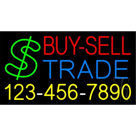 Multi Colored Buy Sell Trade with Phone Number LED Neon Sign 13 x 24 - inches, Black Square Cut Acrylic Backing, with Dimmer - Bright and Premium built indoor Neon Sign for Pawn shop, and storefront.