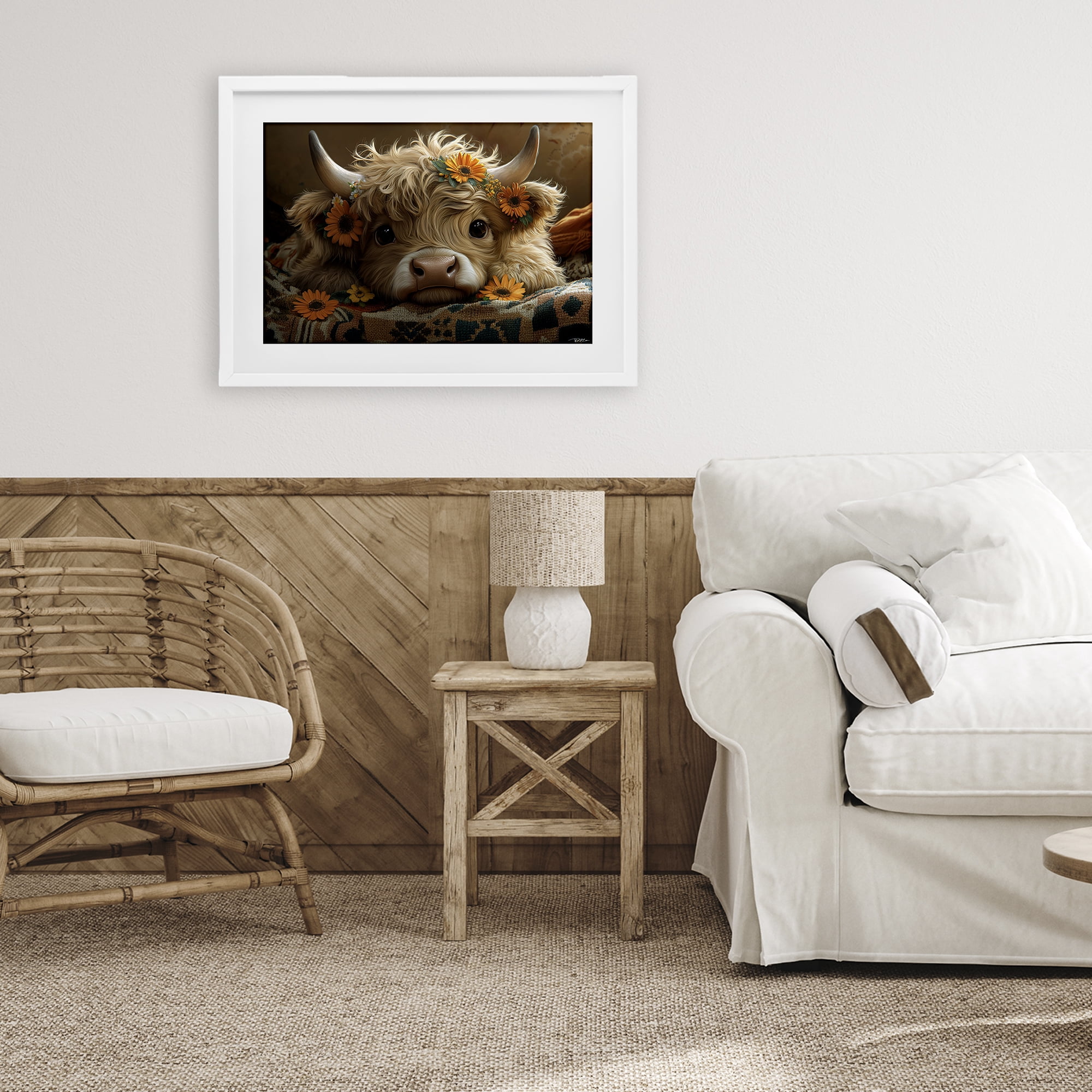 Adorable Flower Bedecked Cattle White Framed Print Under Glass, design by Momart