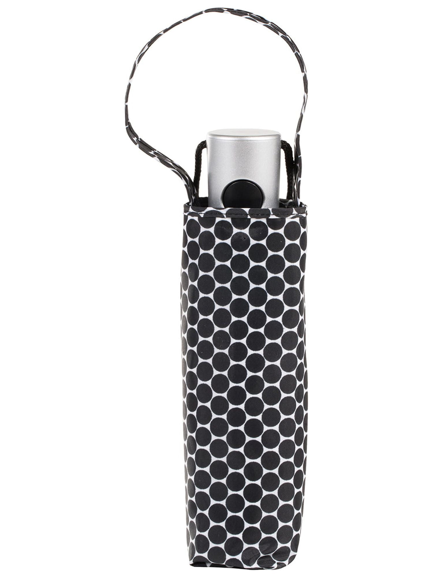 Totes Recycled Canopy One-Touch Auto Open Ultra Compact Mini Travel Rain Umbrella with Carrying Case Black White Dots