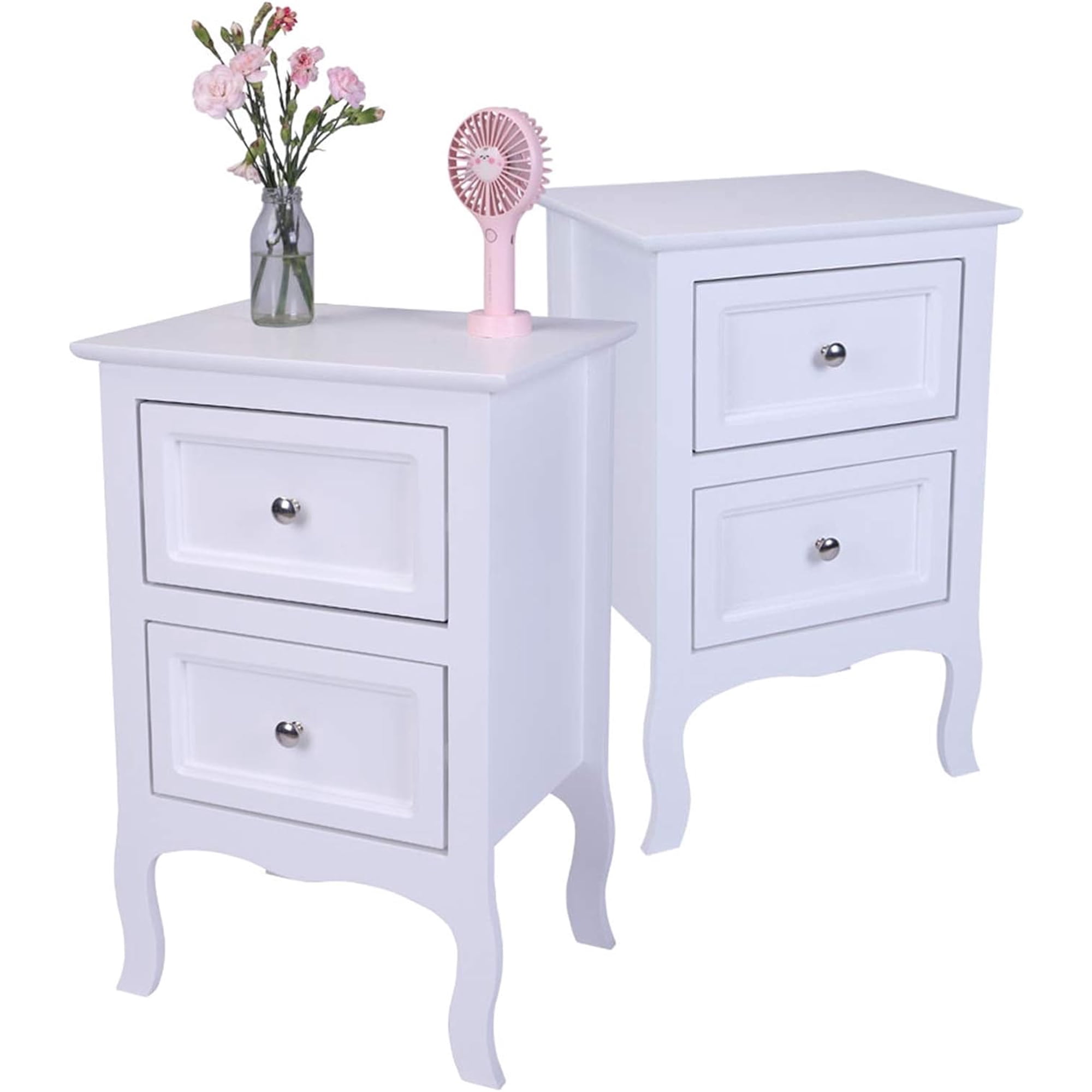 2PCs 2-Tier Nightstands Country Style Night Tables Large Size Idyllic Style Bedside End Table Storage Organizer with 2 Storage Drawers for Bedroom Living Room 23.6 x15.8 x11.8 (White)