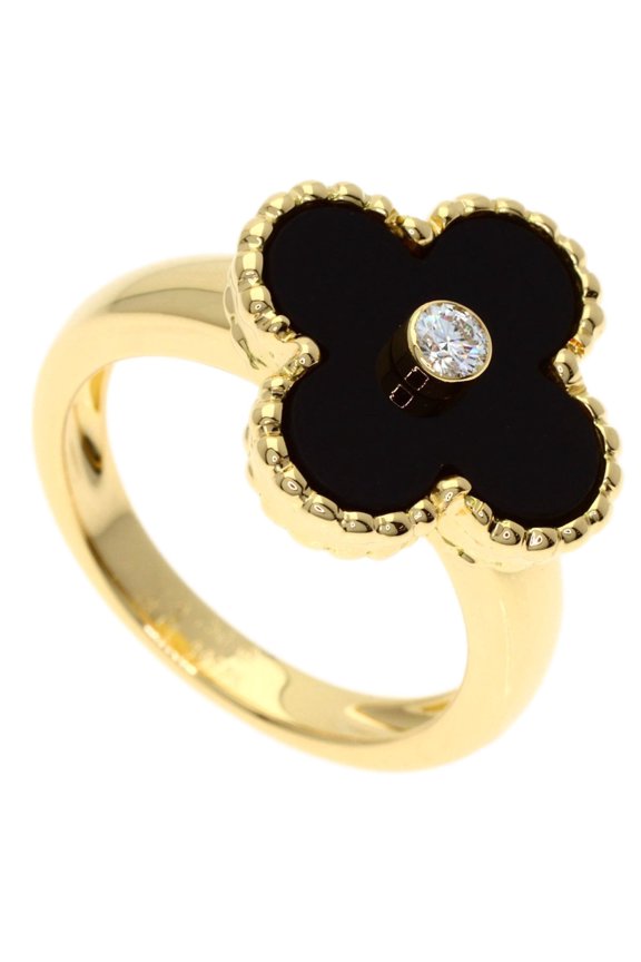 Pre-Owned Van Cleef & Arpels Vintage Alhambra Diamond Onyx Ring, Size 48, 18K Yellow Gold,...