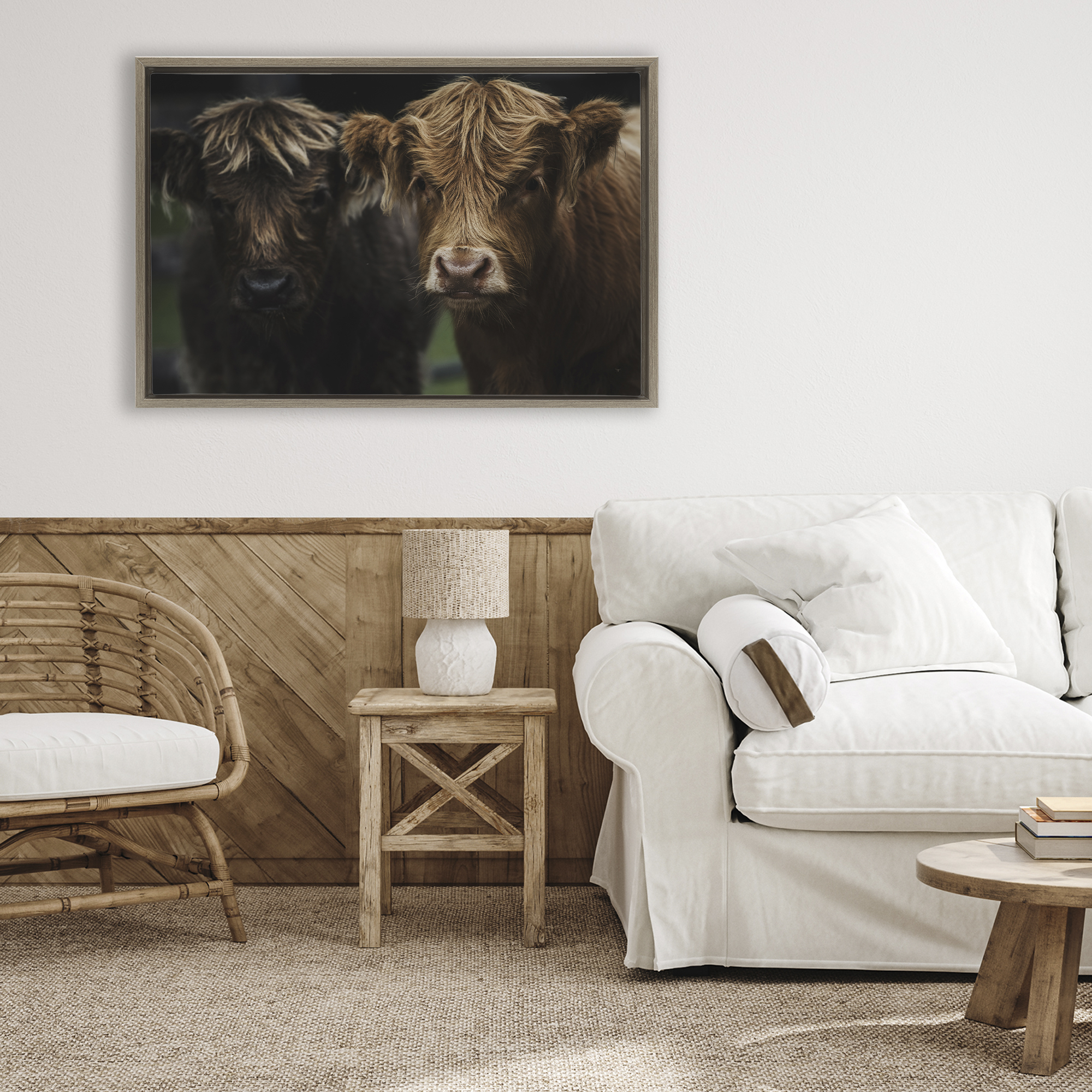 Cow Faces Highland Pair Brown Framed Floater Canvas Wall Art, design by Amy Carroll