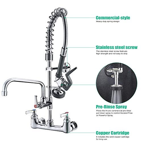Wall Mount Kitchen Sink Faucet Chrome Pre-Rinse Device Pull Down Sprayer MIxer 