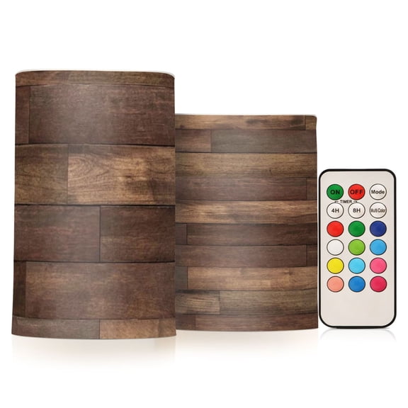 Brown Wood Grain Flickering Flameless Candles Battery Operated with Remote Timer LED Pillar Candles Set of 2