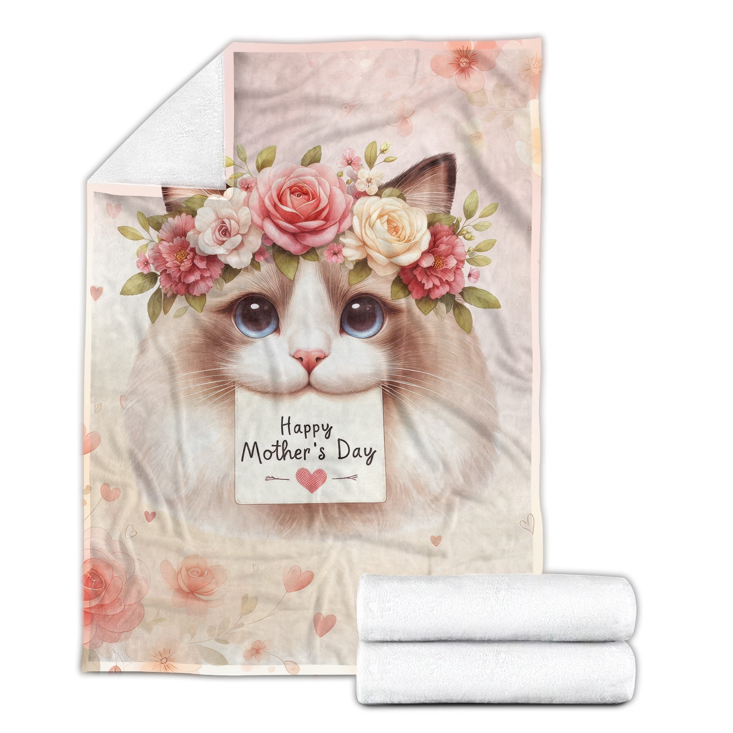 Happy Mother's Day Ragdoll with Flower Crown and Greeting Card Cozy Fleece Blanket Cat Lover Kitten Owner Gifts Idea Warm Soft Throw Blanket - 13004