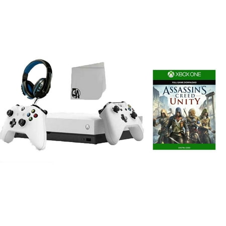 Microsoft Xbox One X 1TB Gaming Console White with 2 Controller Included with Assassin's Creed-Unity BOLT AXTION Bundle Like New