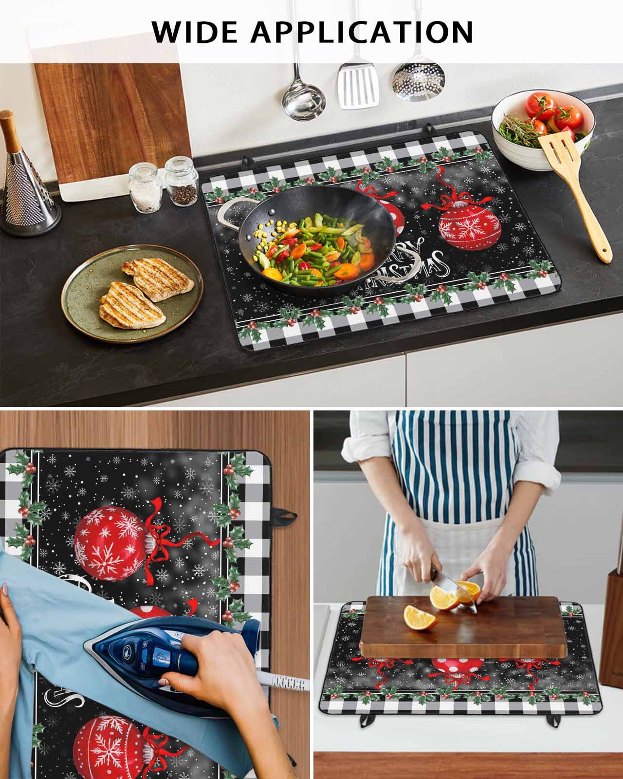 Large Induction Cooktop Protector Mat Merry Christmas Stove Top Covers for Electric Stove, Red Xmas Balls Snowflake Black Plaid Decorative Stove Burner Cover Mats, Glass Top Stove Cover