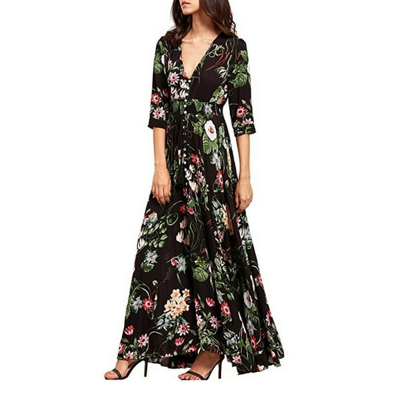 hirigin Flower Print V-Neck Short/ Half Sleeve Bohemian Dress One-Piece