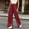 thumbnail image 3 of Wide Leg Linen Pants Women High Waisted Boho Beach Flowy Pants Pleated Casual Vacation Outfits Elastic Trousers Split Hem, 3 of 9