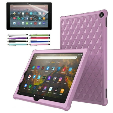 For Amazon Fire HD 10 / Fire HD 10 Plus Case (2021)  EpicGadget Anti slip Soft Silicon Rubber Gel cover Case For 11th Generation Fire HD 10 + 1 Fire HD 10 Screen Protector and 1 Stylus (Pink Lavender) Kids Friendly Lightweight Diamond Grid Silicone Case Cover with Free Fire HD 10 Screen Protector and Stylus Pen for All-New Fire HD 10 Tablet and Fire HD 10 Plus Tablet (Latest Model  2021 Release  11th Generation)
