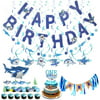 Blue Baby Shark Party Supplies, 1st Birthday Decorations Kit for Cake Smash Backdrop, Includes Shark Cake Topper, Happy Birthday Banner, Highchair Banner for Baby Boy's/Kid's First Birthday
