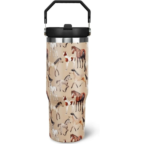 30 oz Horse Tumbler With Handle and Straw, 30oz Flip Straw Tumbler Insulated Coffee Travel Mugs Cup Water Bottle Gifts for Horse Lovers Women Girls