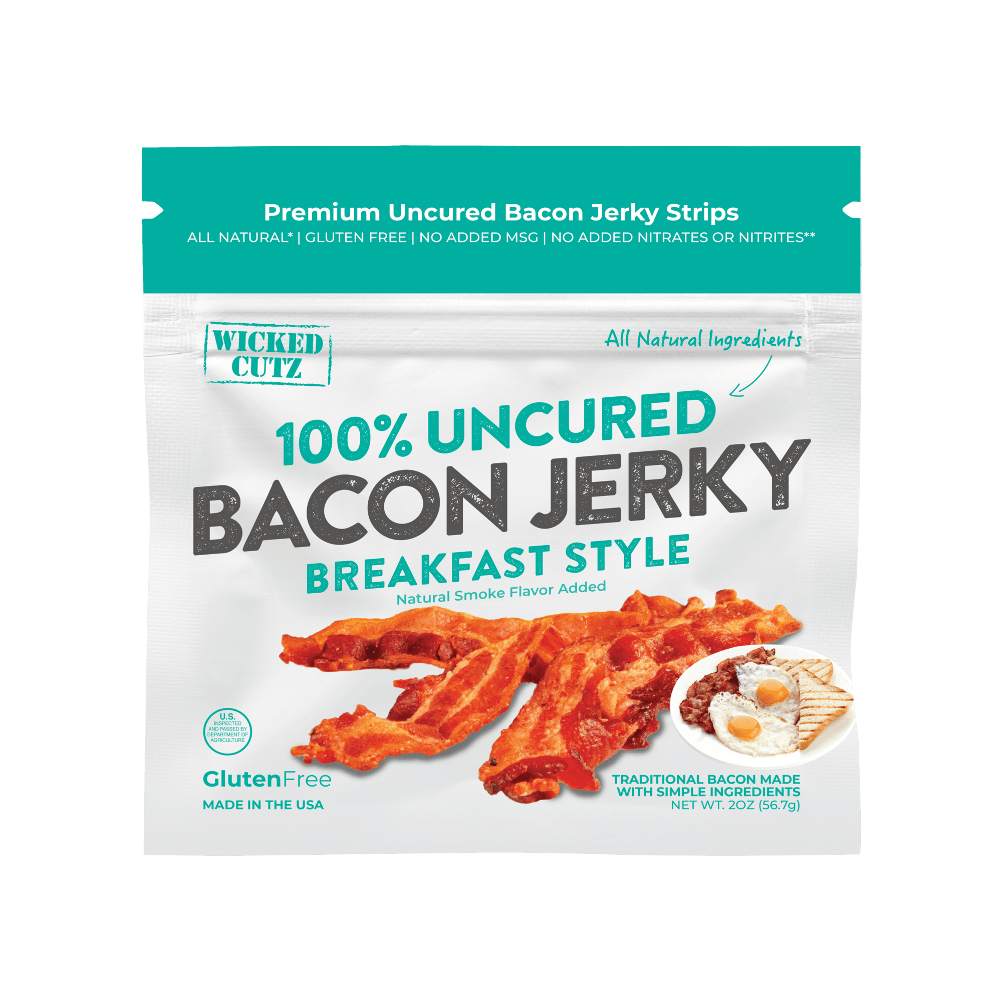 (2 pack) Wicked Cutz Premium Uncured Tender Bacon Jerky, Breakfast Style, 14g Protein, 2 oz Bag