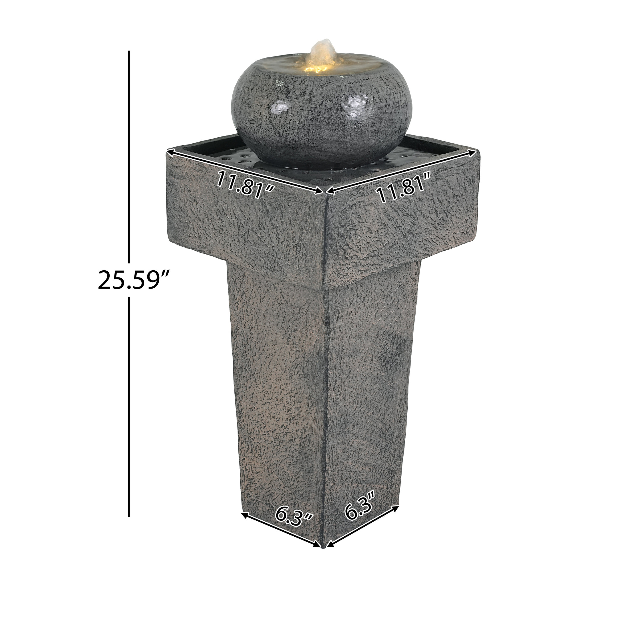 Christopher Knight Home 25.5" Minimal Concrete Column Fountain with LED Light, Modern Outdoor Landscape, Gray