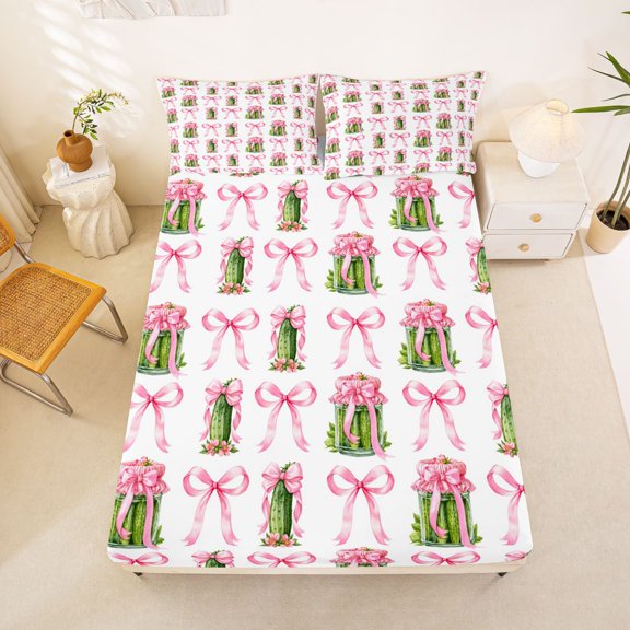Manfei Cartoon Food Print Fitted Sheet Full,Cute Pink Bowknot Bed Set,3pcs,1 Fitted Sheet and 2 Pillowcases
