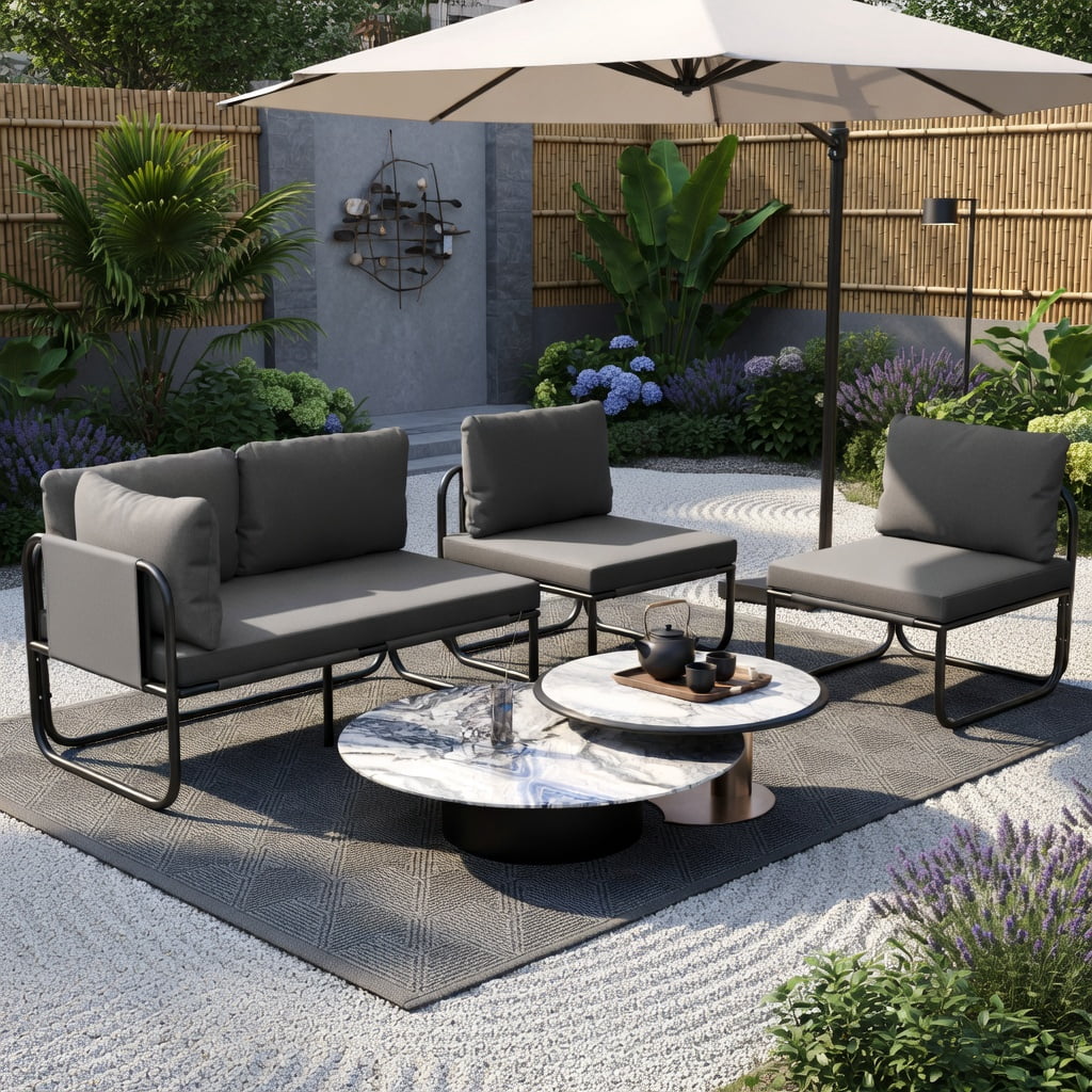 Hommoo Outdoor Patio Loveseat Sofa, 2-Person Metal Frame Couch with Removable Machine-Washable Cushions, Armrests & Adjustable Feet, Gray