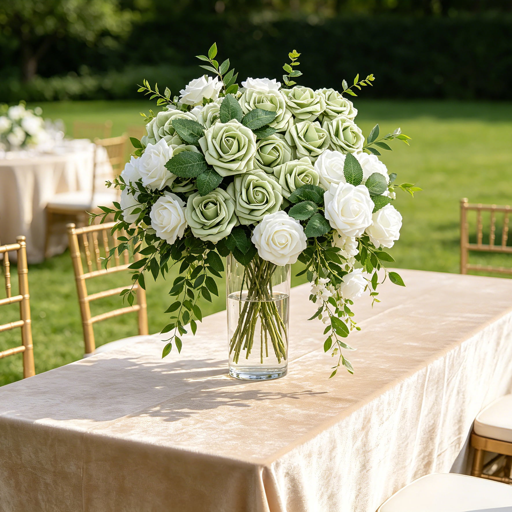 25Pcs Sage Green and White Artificial Foam Flowers with Stems, Fake Roses for DIY Wedding Bouquets, Centerpieces, Bridal Shower & Home Decor