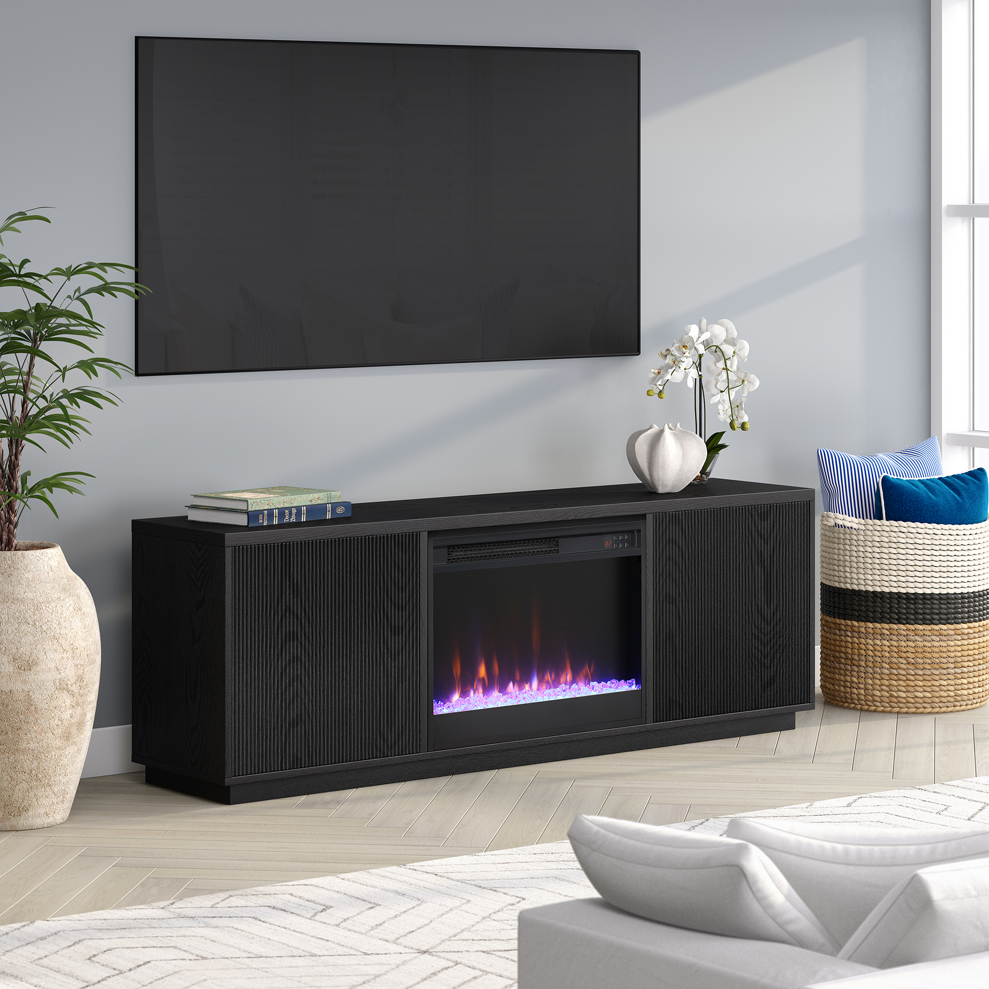 Hanson Rectangular TV Stand with 26" Crystal Fireplace for TV's up to 75" in Black Grain