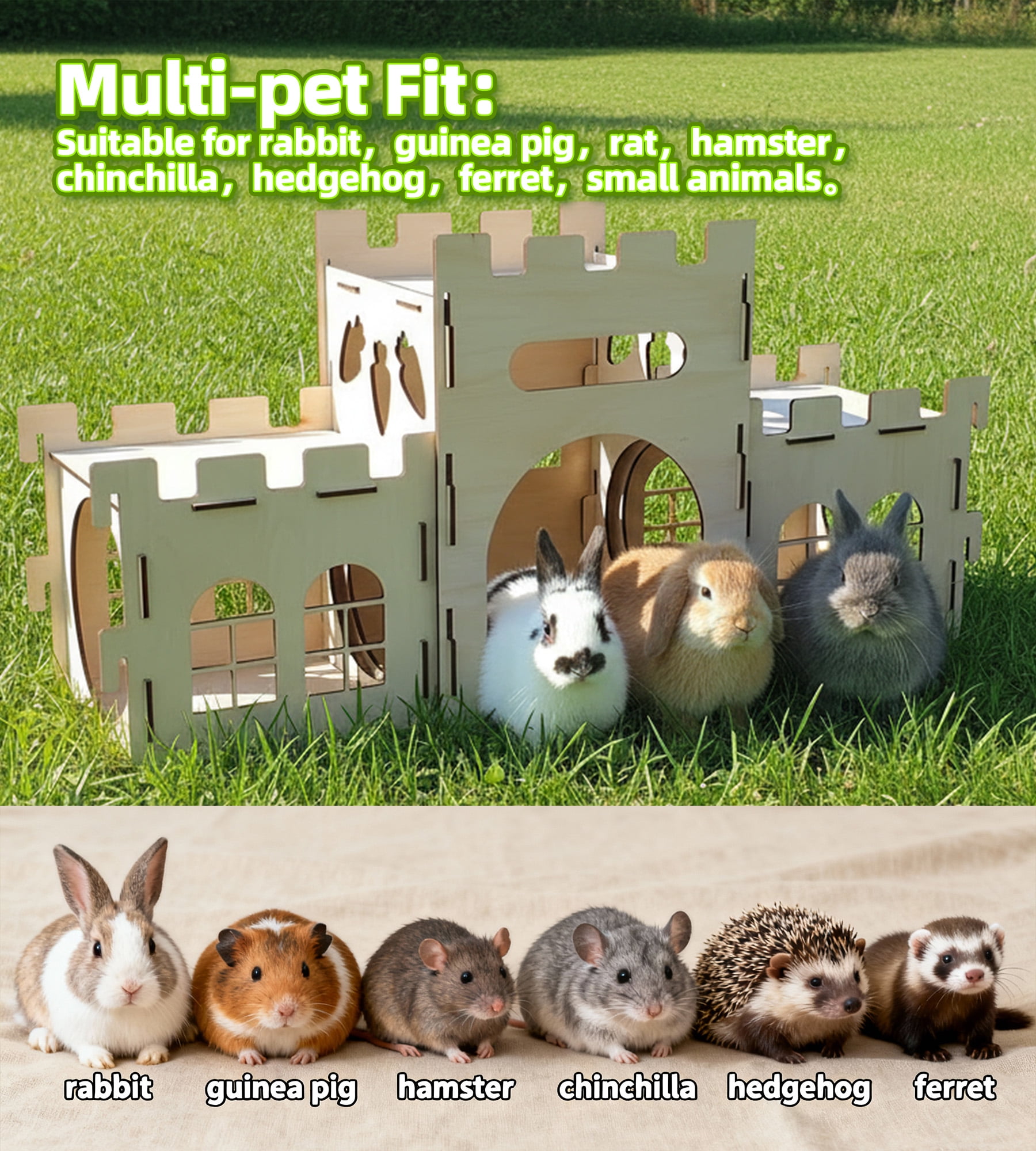 HIIMALEX Extra Large Bunny Castles Hideout Split Balcony for Indoor Bunnies Climbing Tower with Tunnel Sturdy House for Rabbits Ferrets Guinea Pigs Hamsters Ventilated Enrichment Toys Habitat