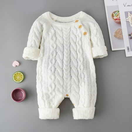

purcolt Newborn Baby Boy Girl Knitted Romper Infant Winter Warm Long Sleeve Crewneck Playsuit One Piece Pullover Bodysuit Solid Color Buttons Outwear Jumpsuit Outfits