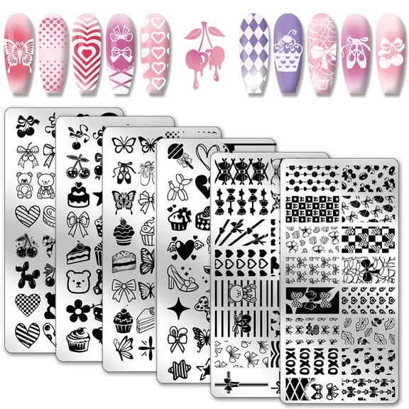PH 6pcs Bows Hearts Nail Stamping Plates Cute Bears Nails Art Stencils Cakes Nail Art Templates Butterfly Print Nails Stencils Cherry Nail Image