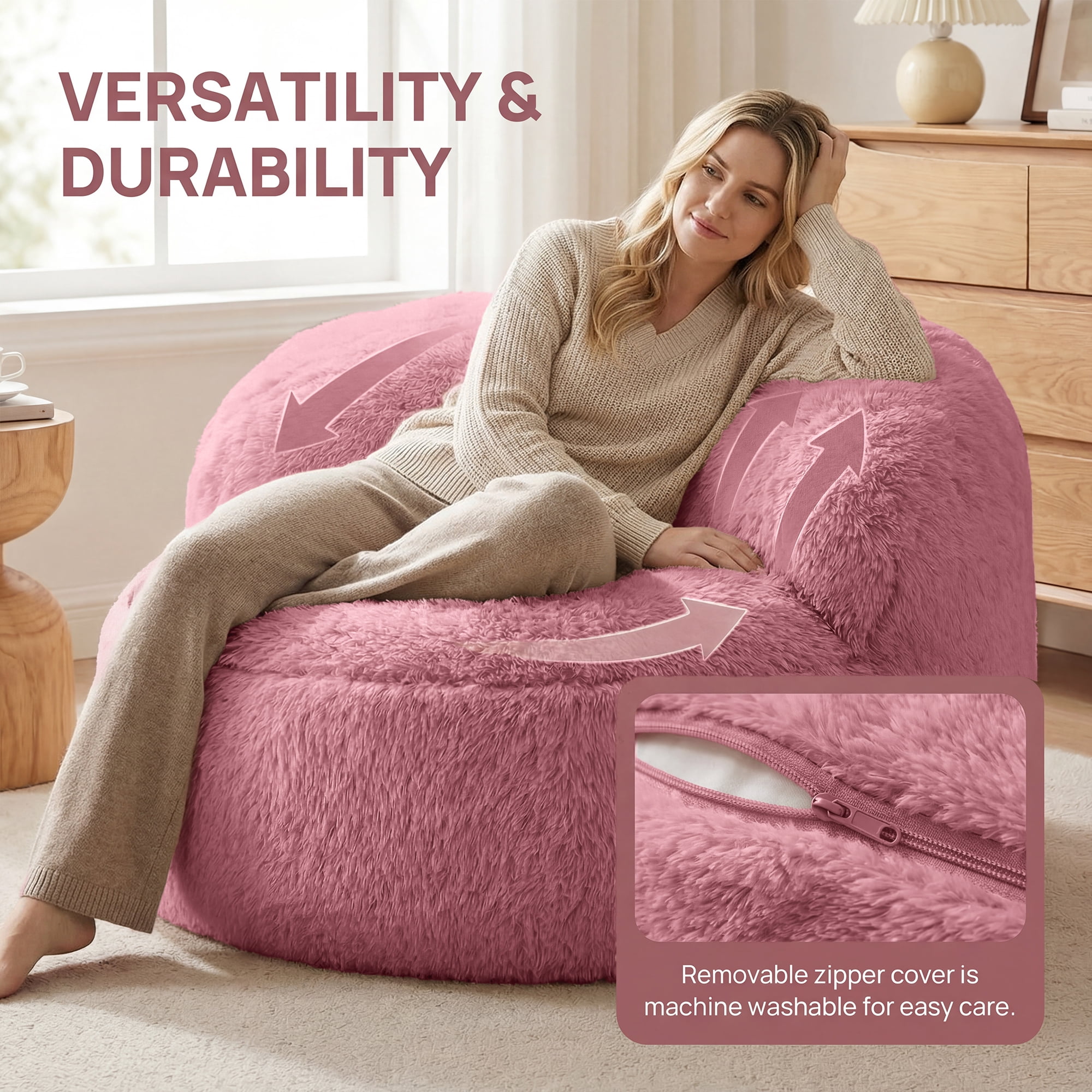 Fulsmile Bean Bag Chair Large Plush Chairs for Adults Giant Beanbag Chair Bean Bag Sofa with Stuffed Memory Foam Oversized Bean Lounger Chair for Reading Gaming Relaxing, Pink