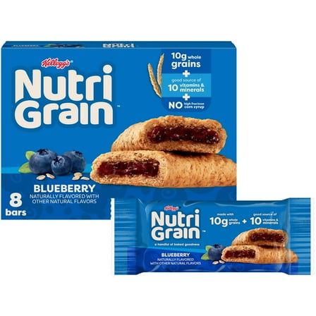 Kellogg's Nutri-Grain Blueberry Chewy Soft Baked Breakfast Bars, Kids Snacks, 10.4 oz, 8 Count pack of 2