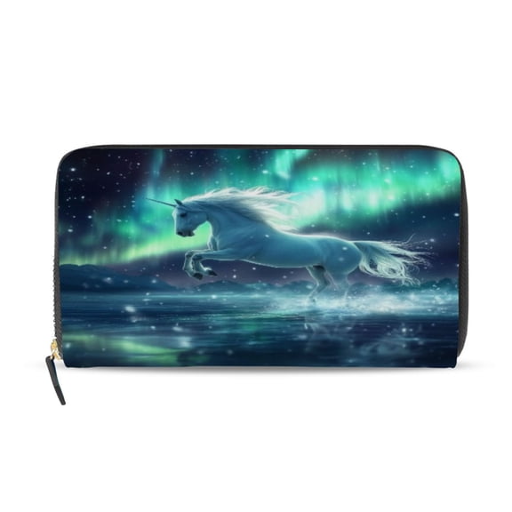 Qxltty Aurora White Horse Pattern Women's Leather Wallet Fashion Retro Multi Card Holder with Cell Phone Pocket Mothers Day Gifts