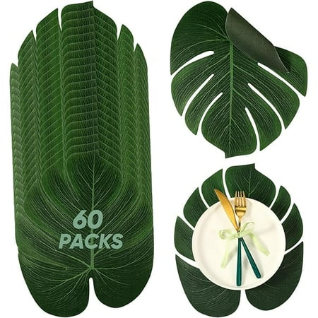 wonima88 60 Pcs Large Tropical Palm Leaf Placemat Fake Artificial Monstera Green Palm Leaves for Hawaiian Summer Wedding Luau Safari Jungle Party Tables Centerpieces, 11.4 x 13.8 Inch (Silk)