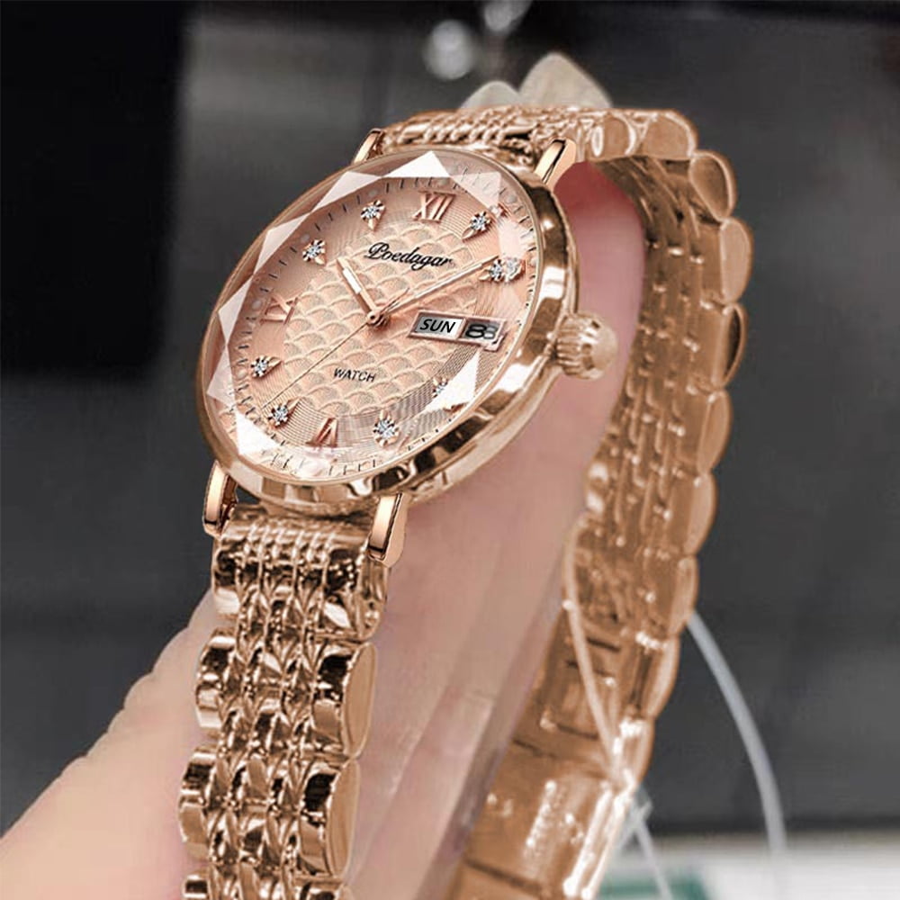 POEDAGAR Women Watches Fashion Rose Gold Steel Quartz Watch Waterproof Luminous Week Date Swiss Brand Ladies Wristwatch Bracelet