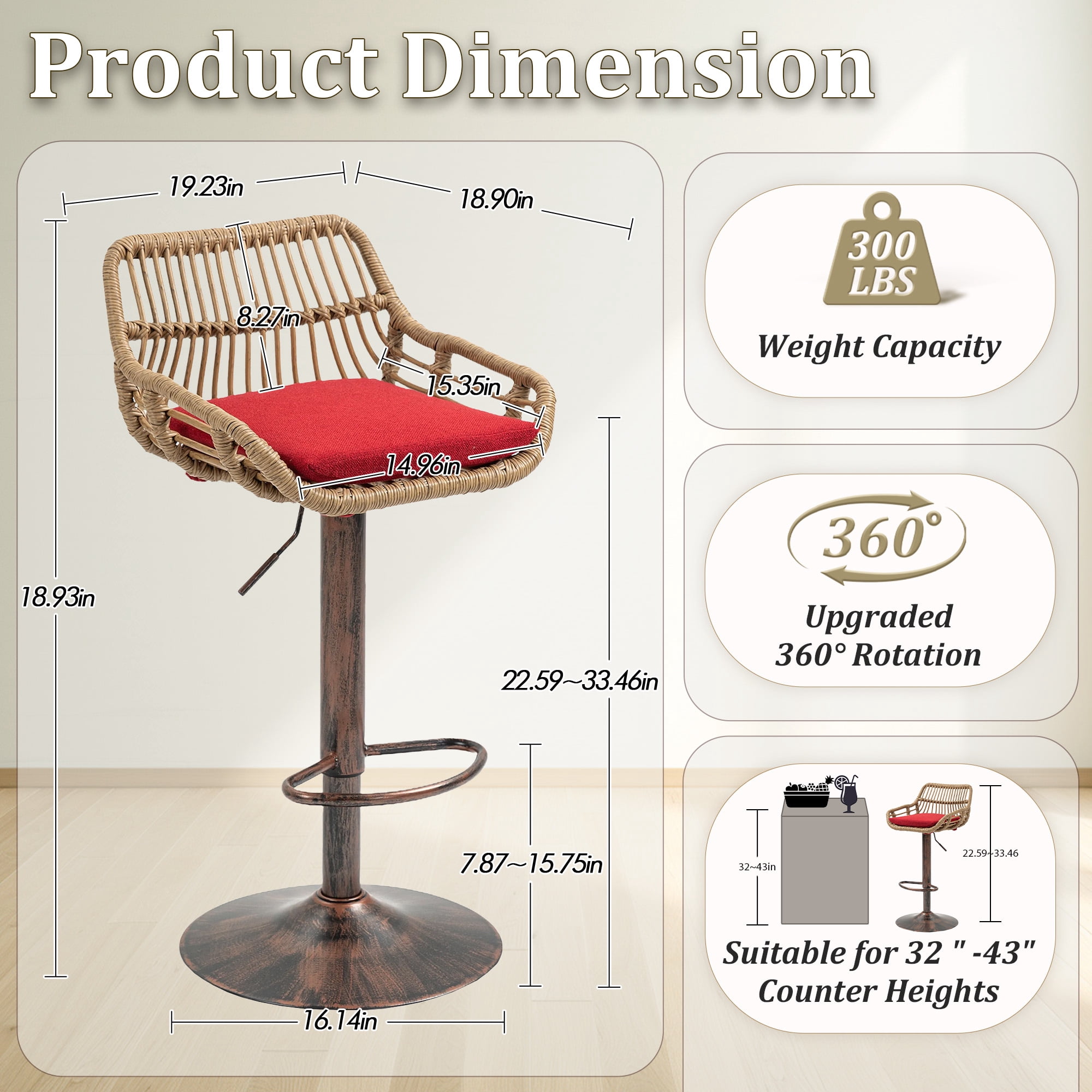 MOONMISS Swivel Bar Stools Set of 2, Modern Adjustable Counter Height Barstools with Back, Rattan Bar Chairs with Cushions & Metal Footrest, Pub Stools for Kitchen, Bar, Dining Room,Red