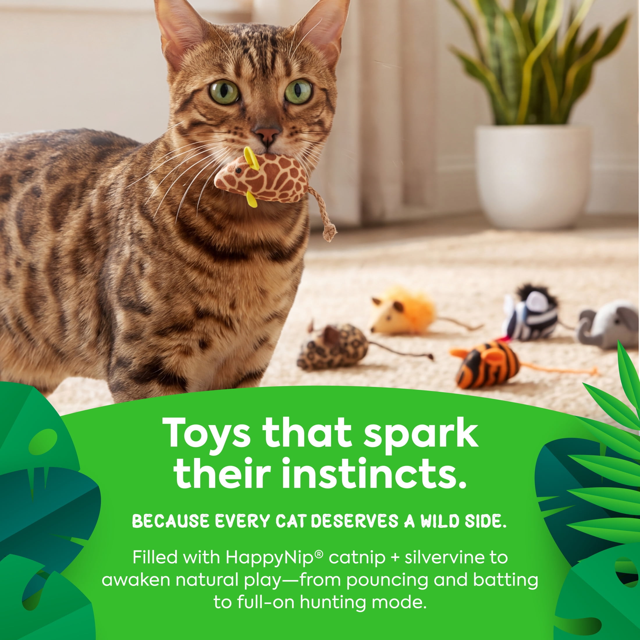 Instincts by SmartyKat Safari Skitters Catnip and Silvervine Cat Toys, Set of 10, Small Plush Mice with String Tails